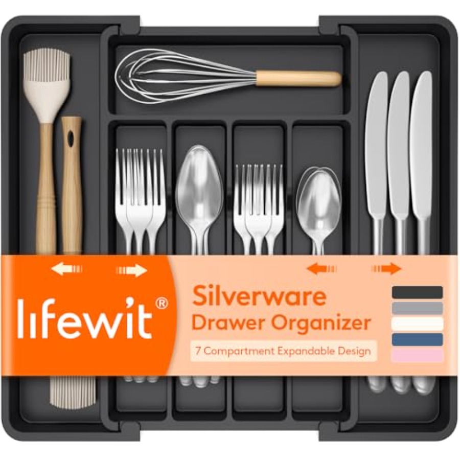 Drawer Organizer Tray - Expandable Silverware Organizer, Plastic Utensil Tray